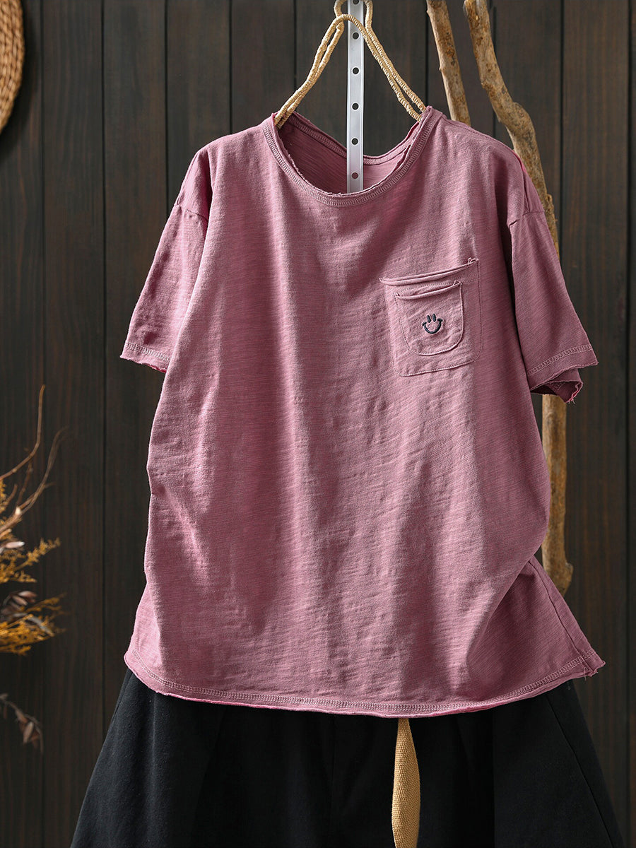 Plus Size Women Summer Artsy Smile O-Neck 100%Cotton T-Shirt