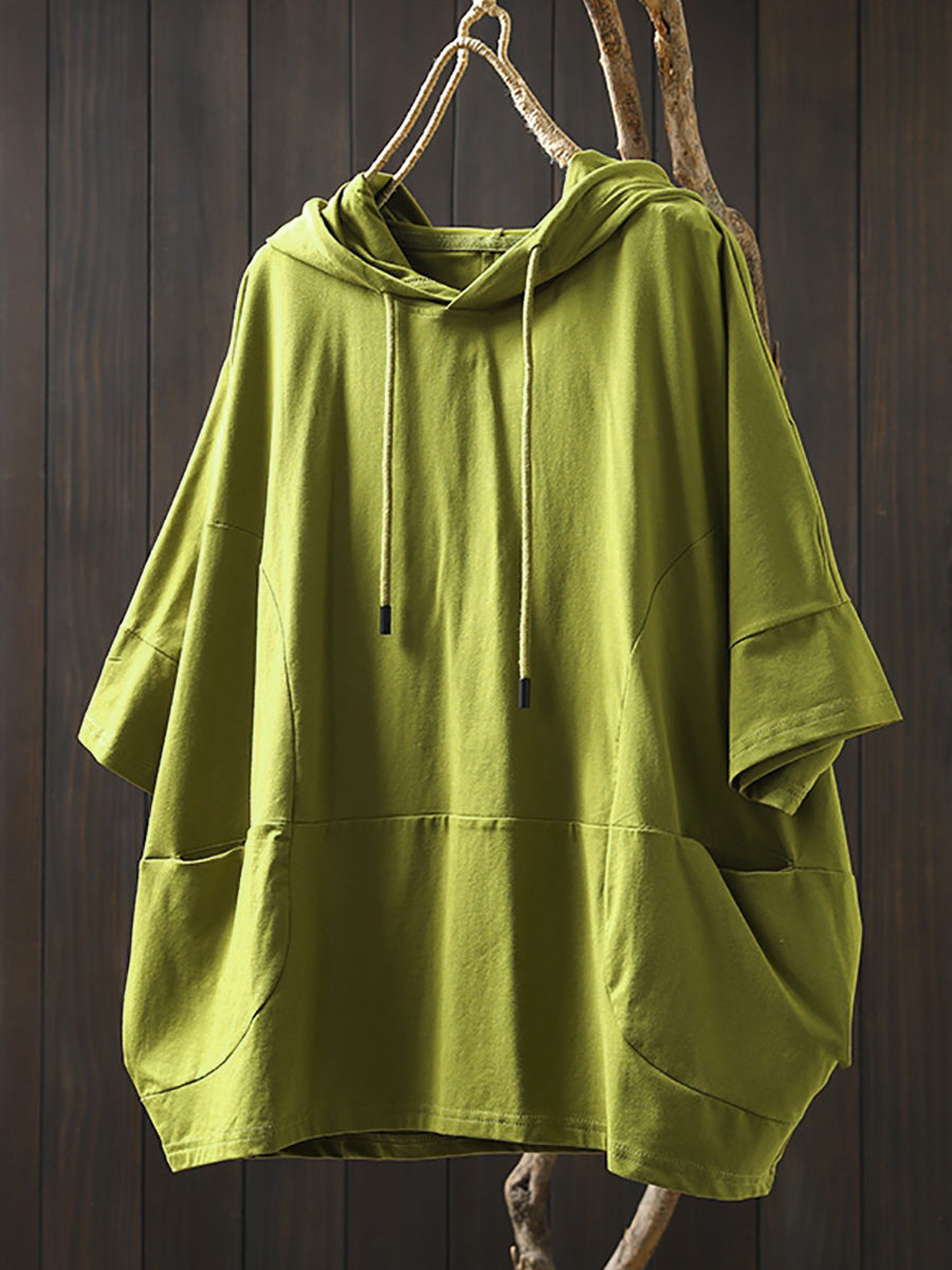 Plus Size Women Summer Casual Pure Color Hooded Cotton Hoodie