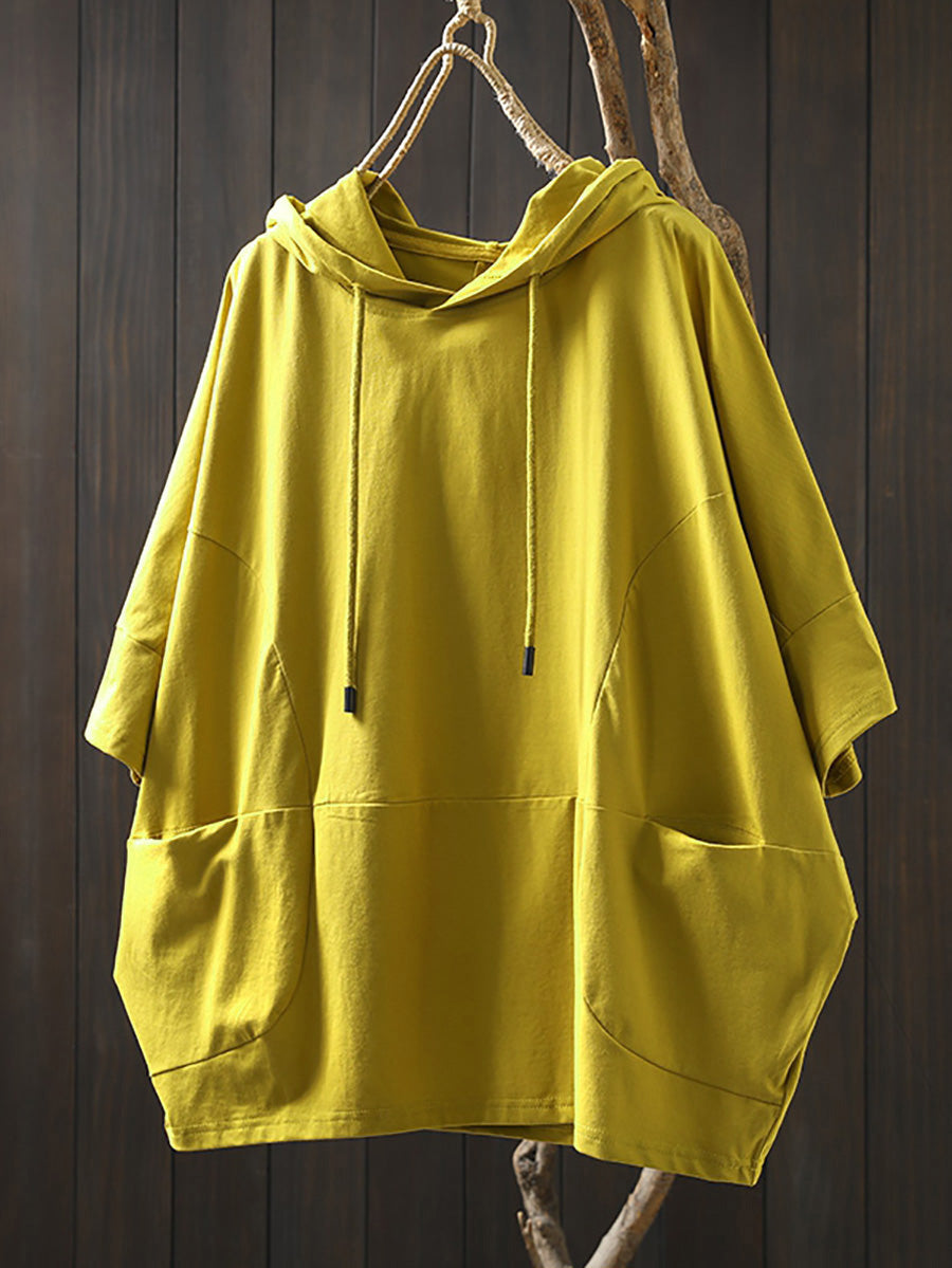 Plus Size Women Summer Casual Pure Color Hooded Cotton Hoodie