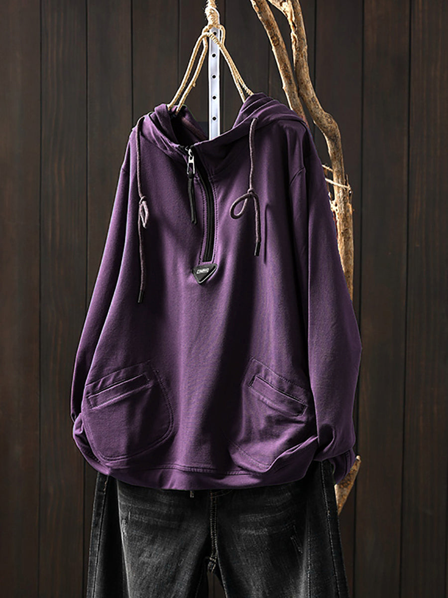 Plus Size Women Casual Autumn Pure Color Cotton Hoodie