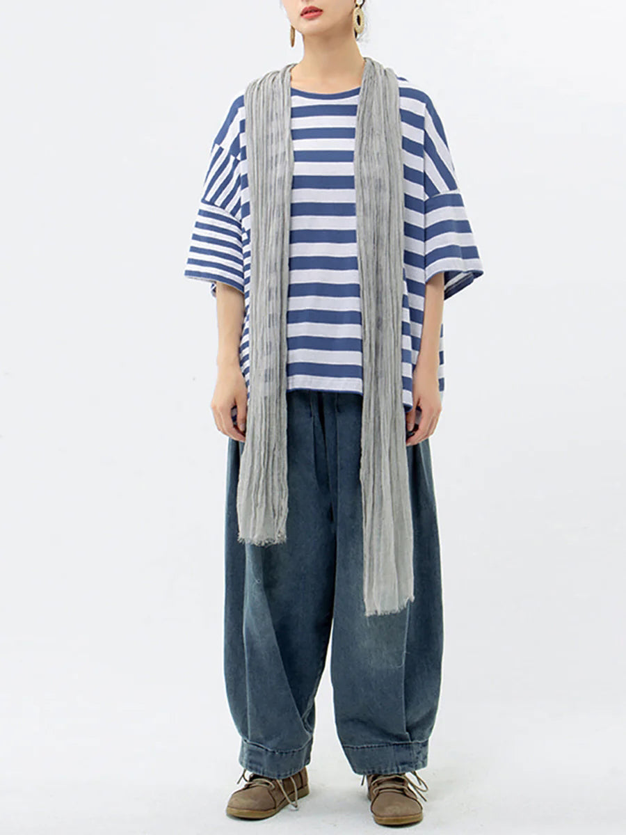 Plus Size - Buykud 100% Cotton Striped Casual T-Shirt