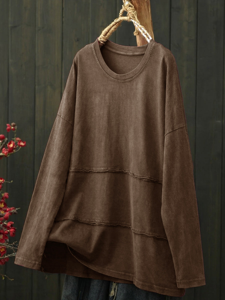 Plus Size Women Retro Pure Color Cotton Long Sleeve T-Shirt