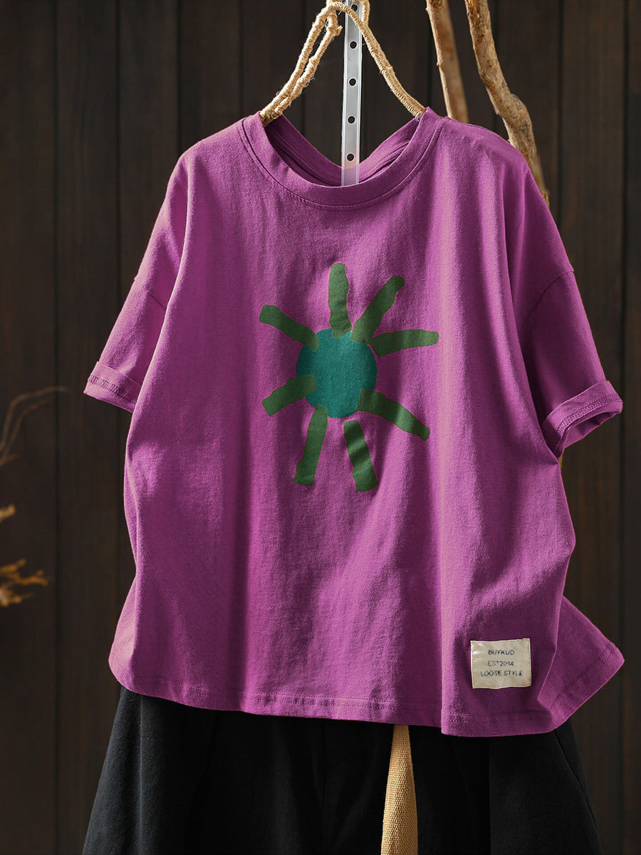 Plus Size Artsy Print 100%Cotton Loose T-Shirt