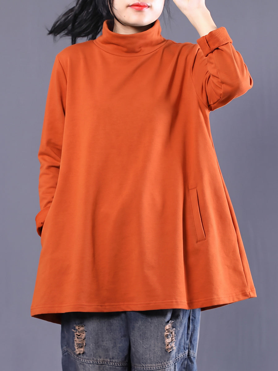 Plus Size Women Casual Pure Color Turtleneck Sweatshirt