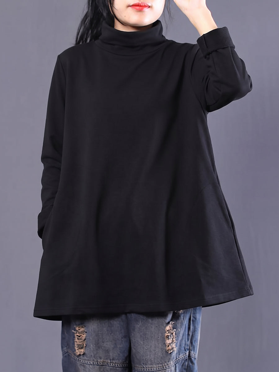 Plus Size Women Casual Pure Color Turtleneck Sweatshirt