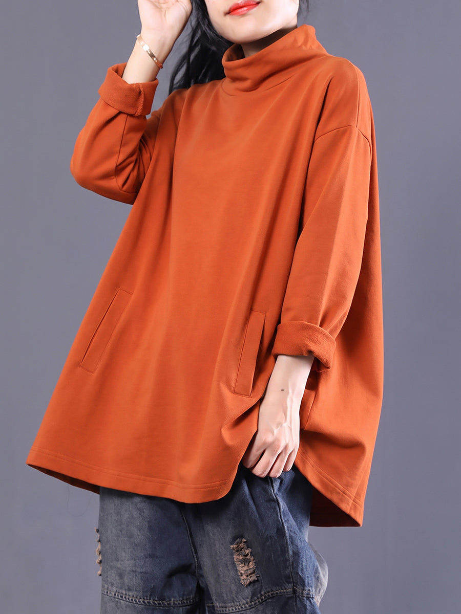 Plus Size Women Casual Pure Color Turtleneck Sweatshirt