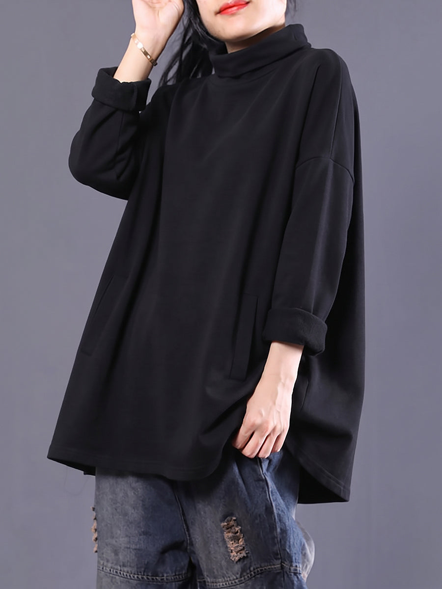 Plus Size Women Casual Pure Color Turtleneck Sweatshirt
