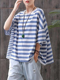 Plus Size - Buykud 100% Cotton Striped Casual T-Shirt