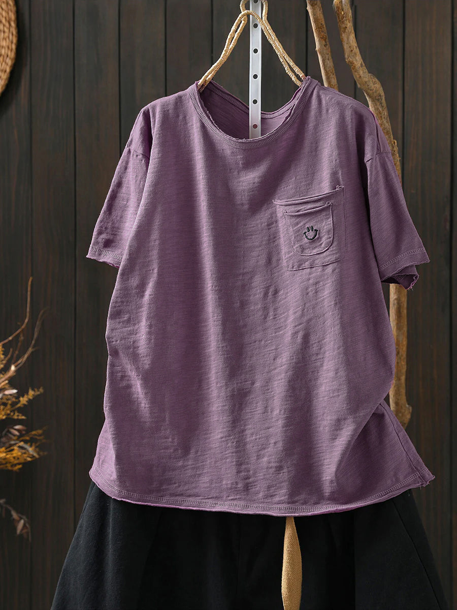 Plus Size Women Summer Artsy Smile O-Neck 100%Cotton T-Shirt