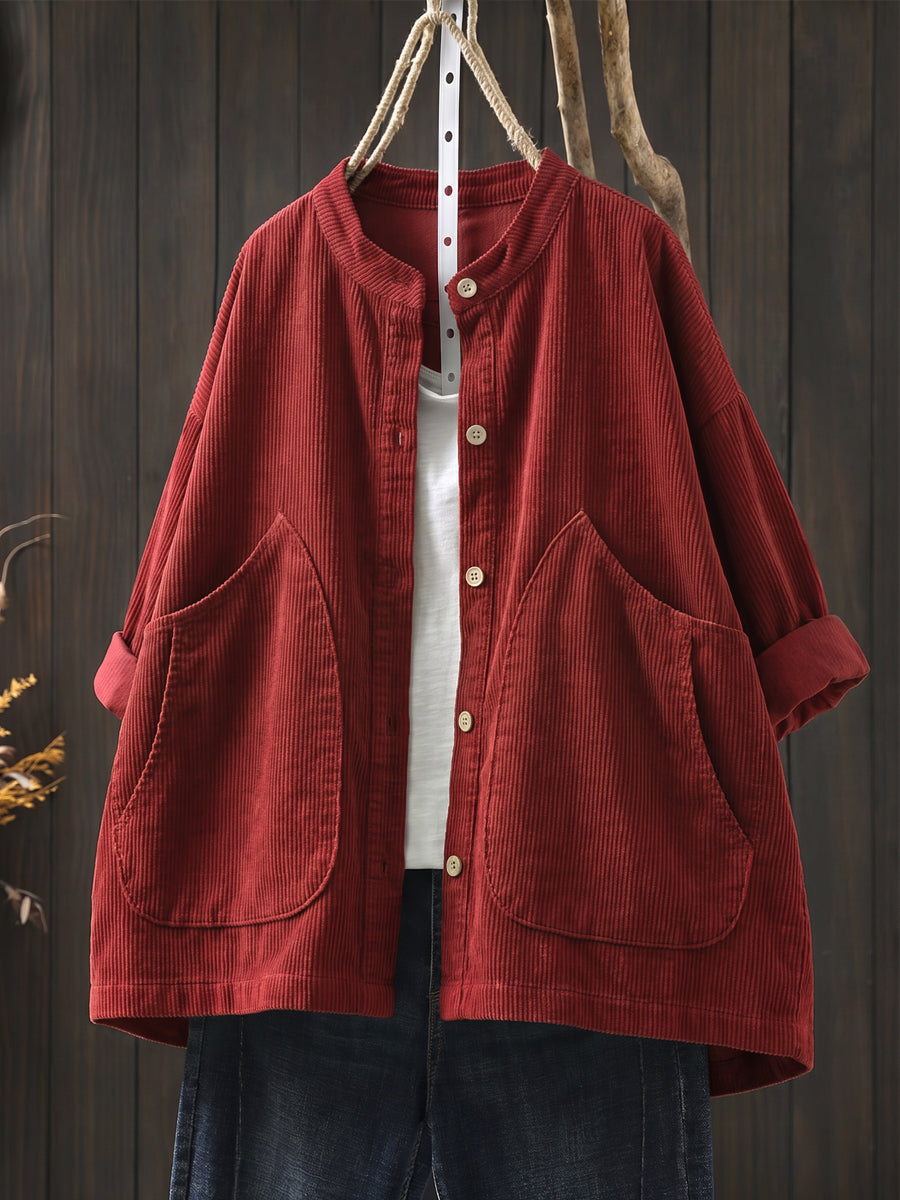 Plus Size Women Casual Solid Vintage Cotton Corduroy Coat