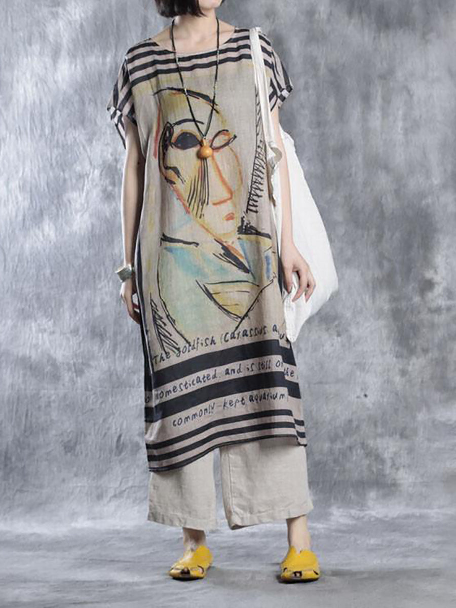 Plus Size Women Summer Vintage Print Loose O-Neck Dress