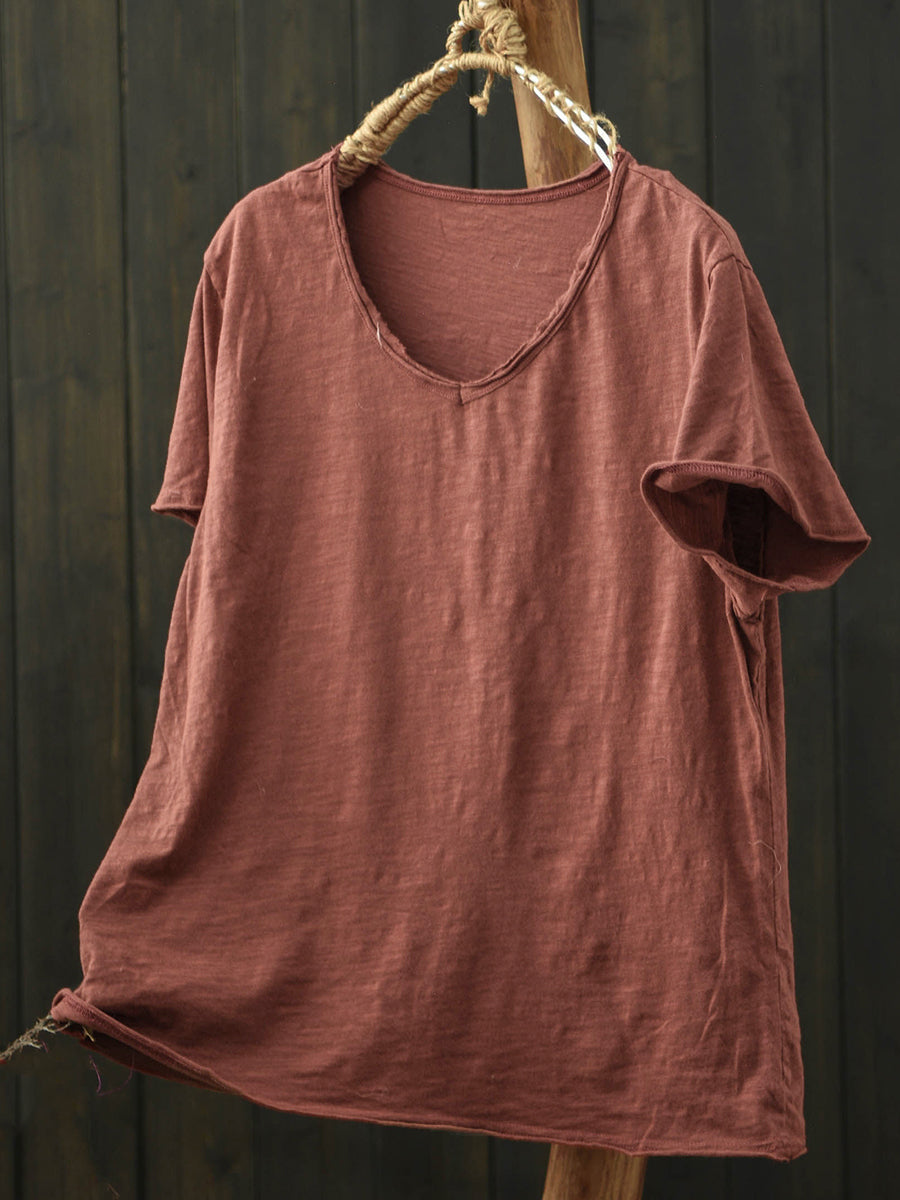 Plus Size Women Summer Vintage Pure Color V-Neck Cotton T-Shirt