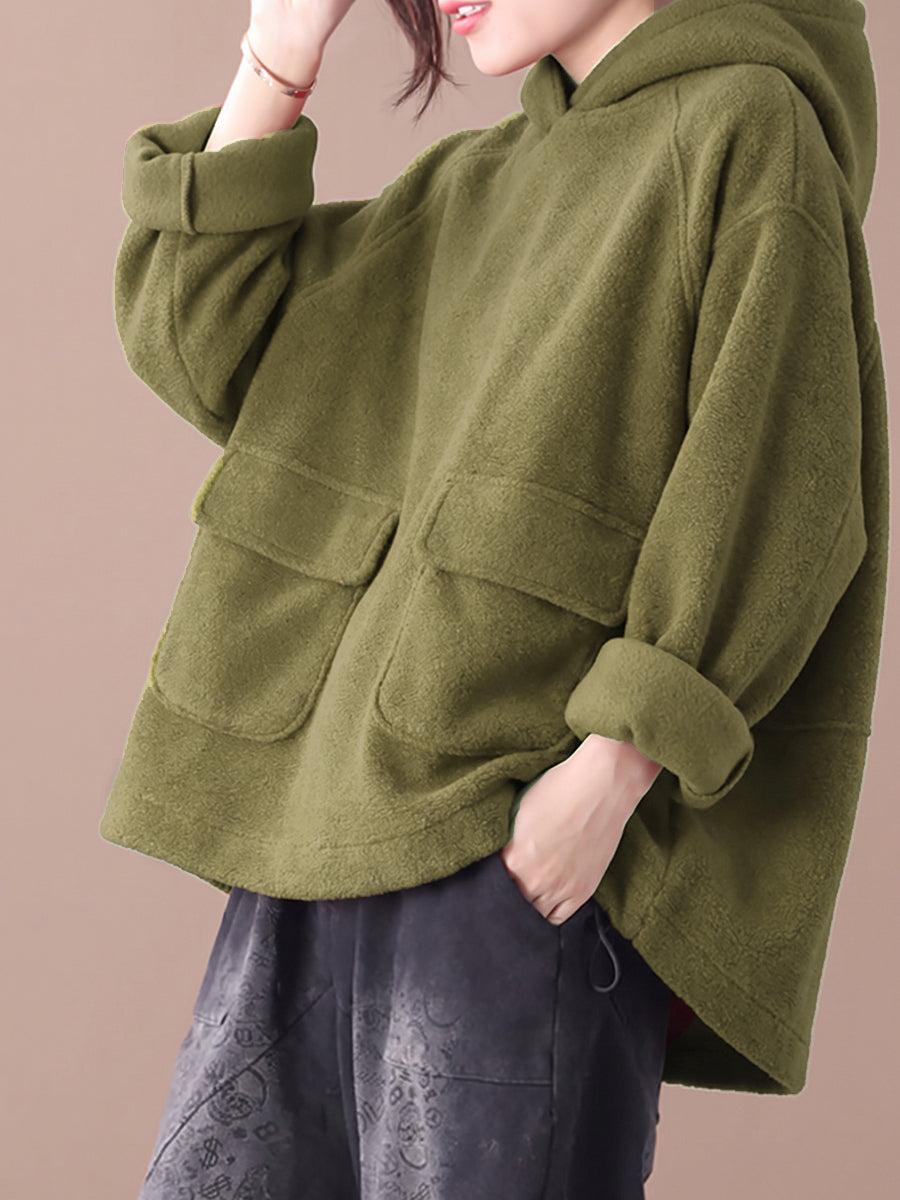 Plus Size Women Casual Solid Color Drawstring Loose Hoodie