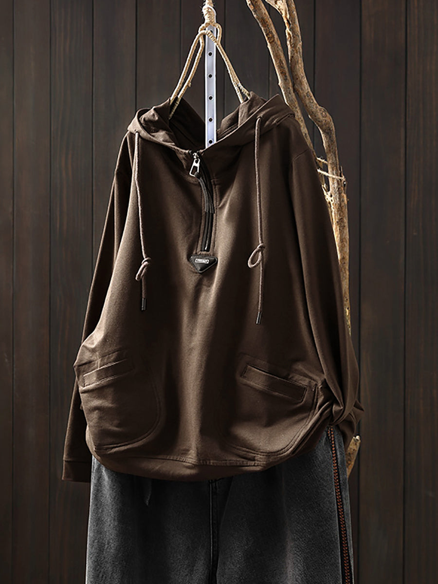 Plus Size Women Casual Autumn Pure Color Cotton Hoodie