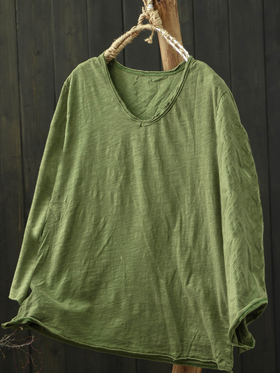 Plus Size Women Summer Vintage Pure Color V-Neck Cotton T-Shirt