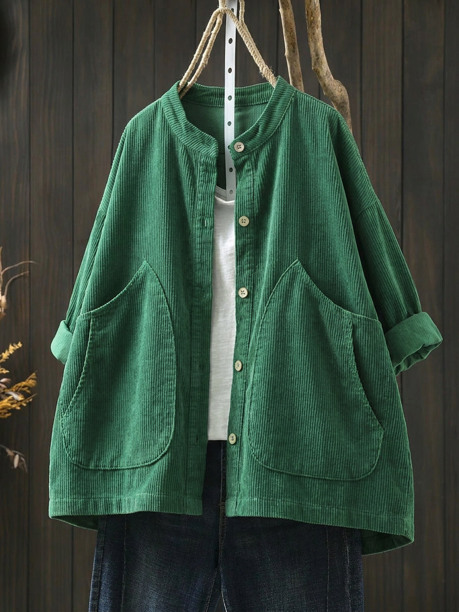 Plus Size Women Casual Solid Vintage Cotton Corduroy Coat