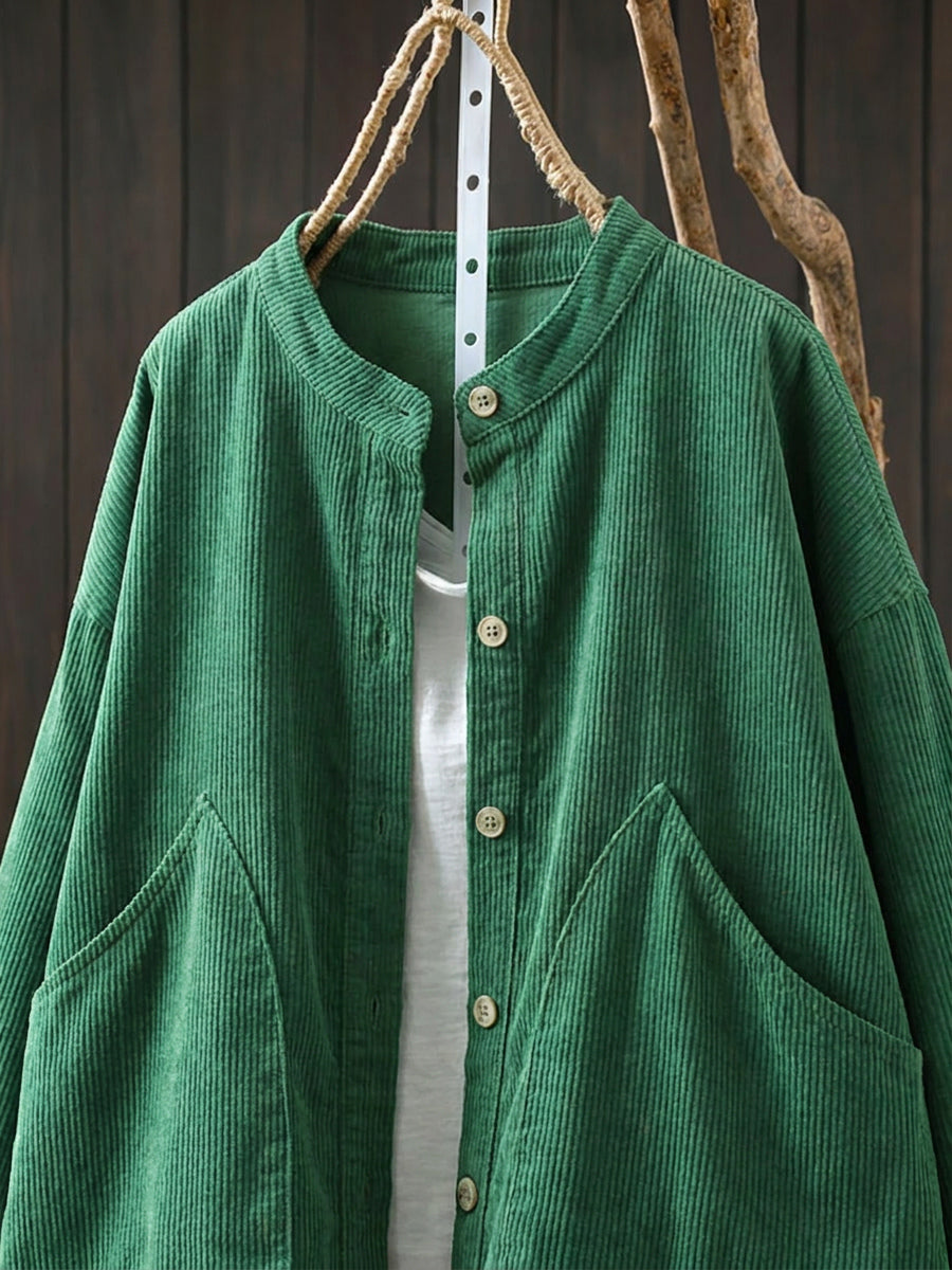 Plus Size Women Casual Solid Vintage Cotton Corduroy Coat