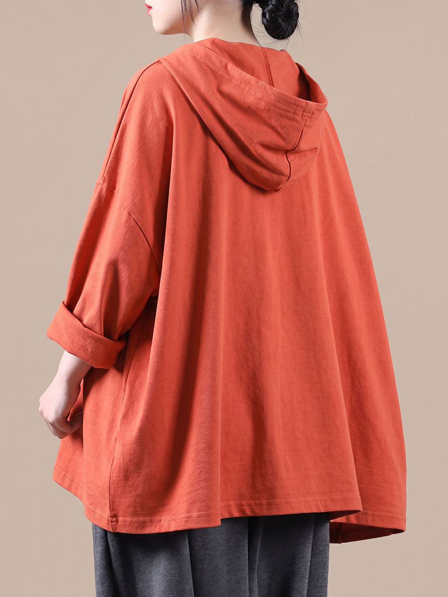 Plus Size Artsy Print 100%Cotton Hooded Loose Sweatshirt
