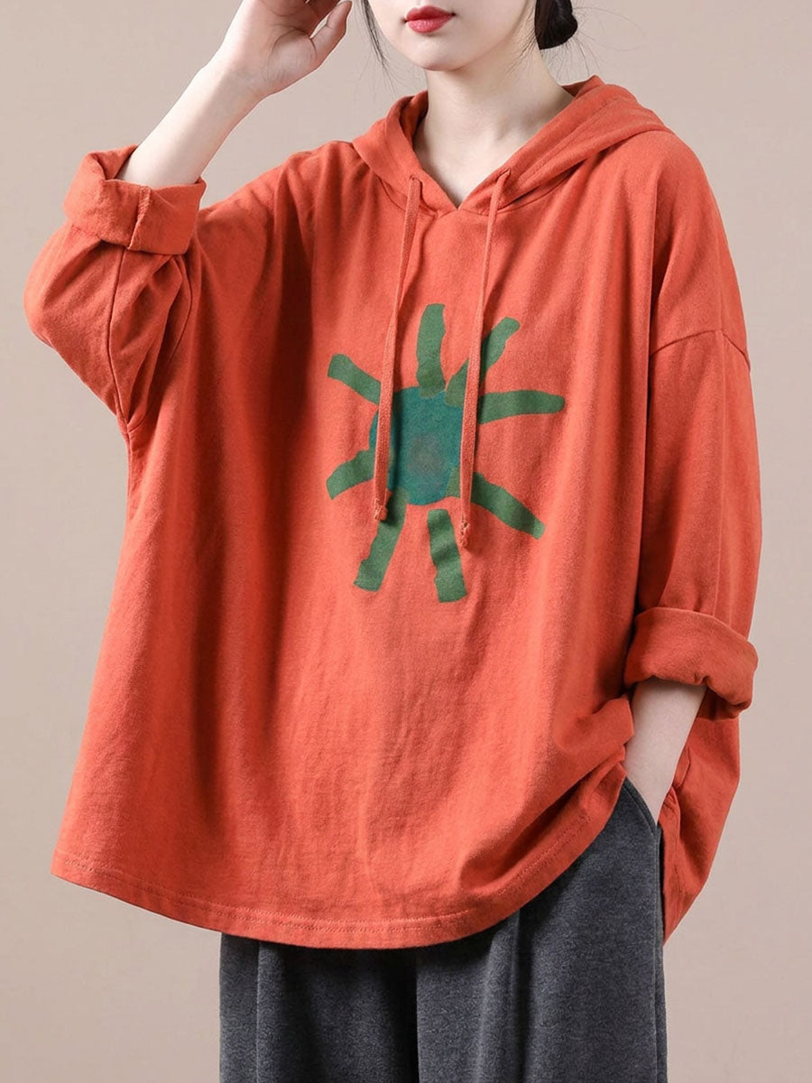 Plus Size Artsy Print 100%Cotton Hooded Loose Sweatshirt