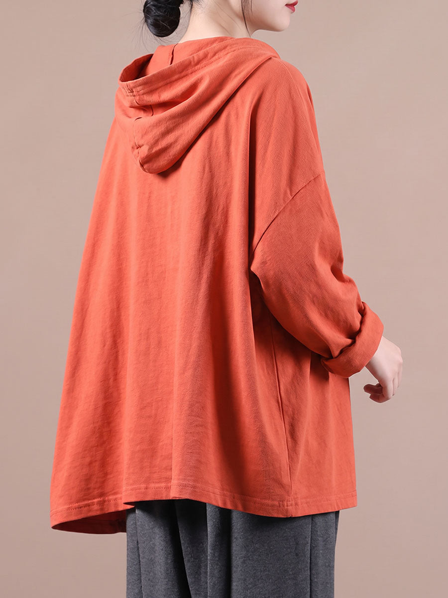 Plus Size Artsy Print 100%Cotton Hooded Loose Sweatshirt