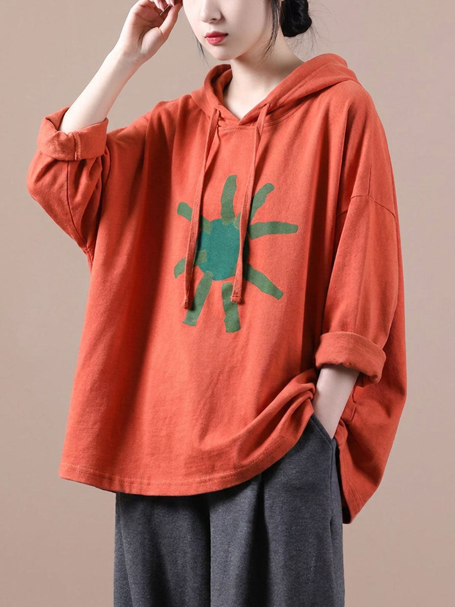 Plus Size Artsy Print 100%Cotton Hooded Loose Sweatshirt