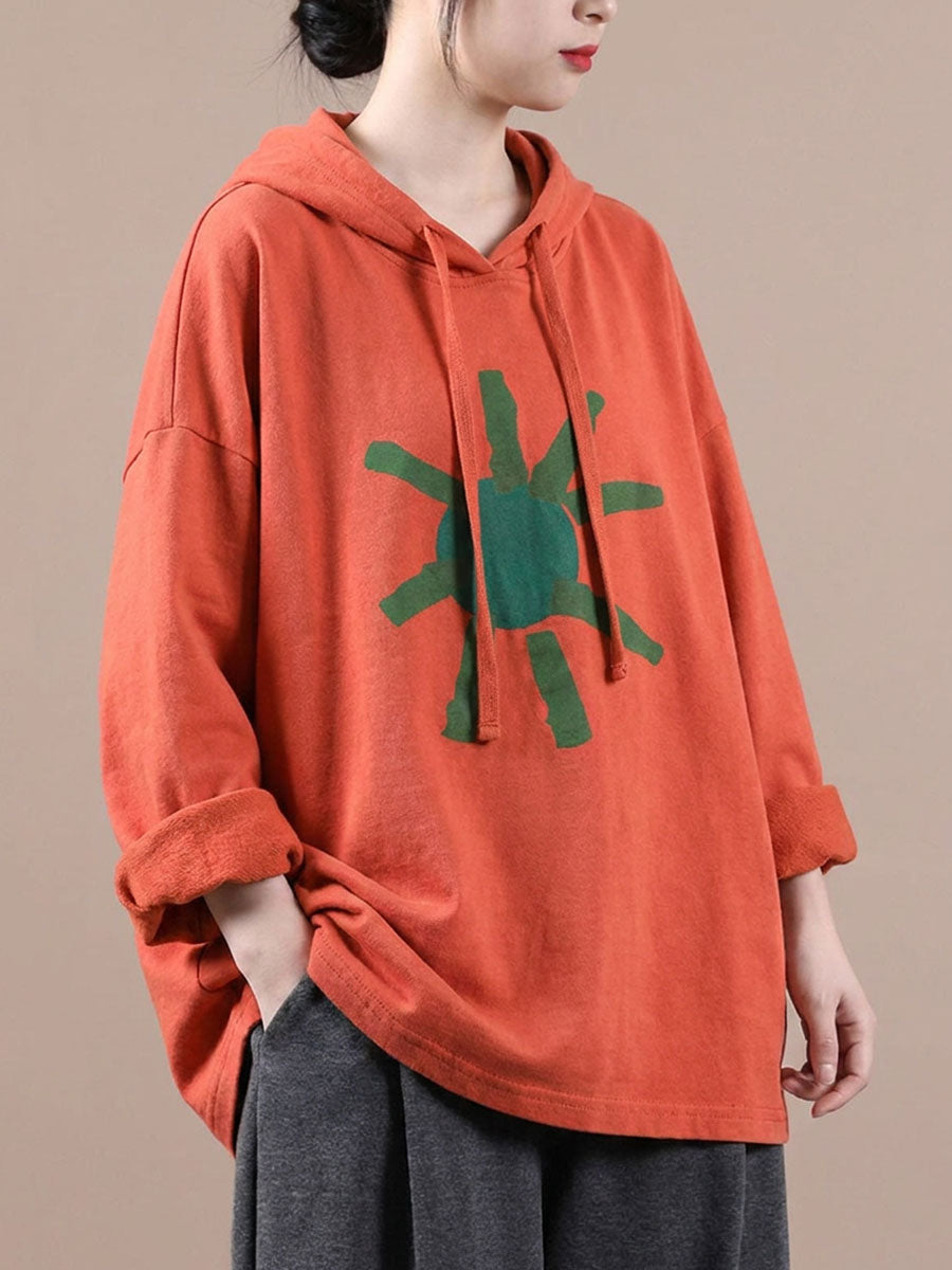 Plus Size Artsy Print 100%Cotton Hooded Loose Sweatshirt