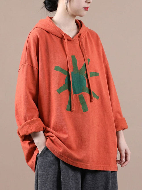 Plus Size Artsy Print 100%Cotton Hooded Loose Sweatshirt