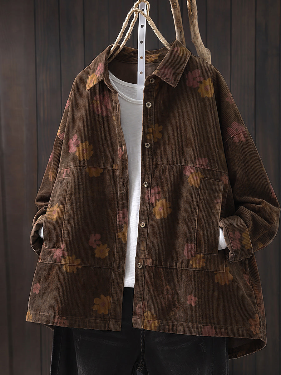 Plus Size Women Autumn Vintage Turn-down Collar Corduroy Shirt Coat