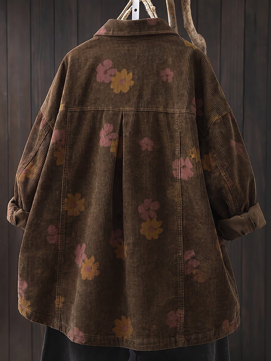 Plus Size Women Autumn Vintage Turn-down Collar Corduroy Shirt Coat