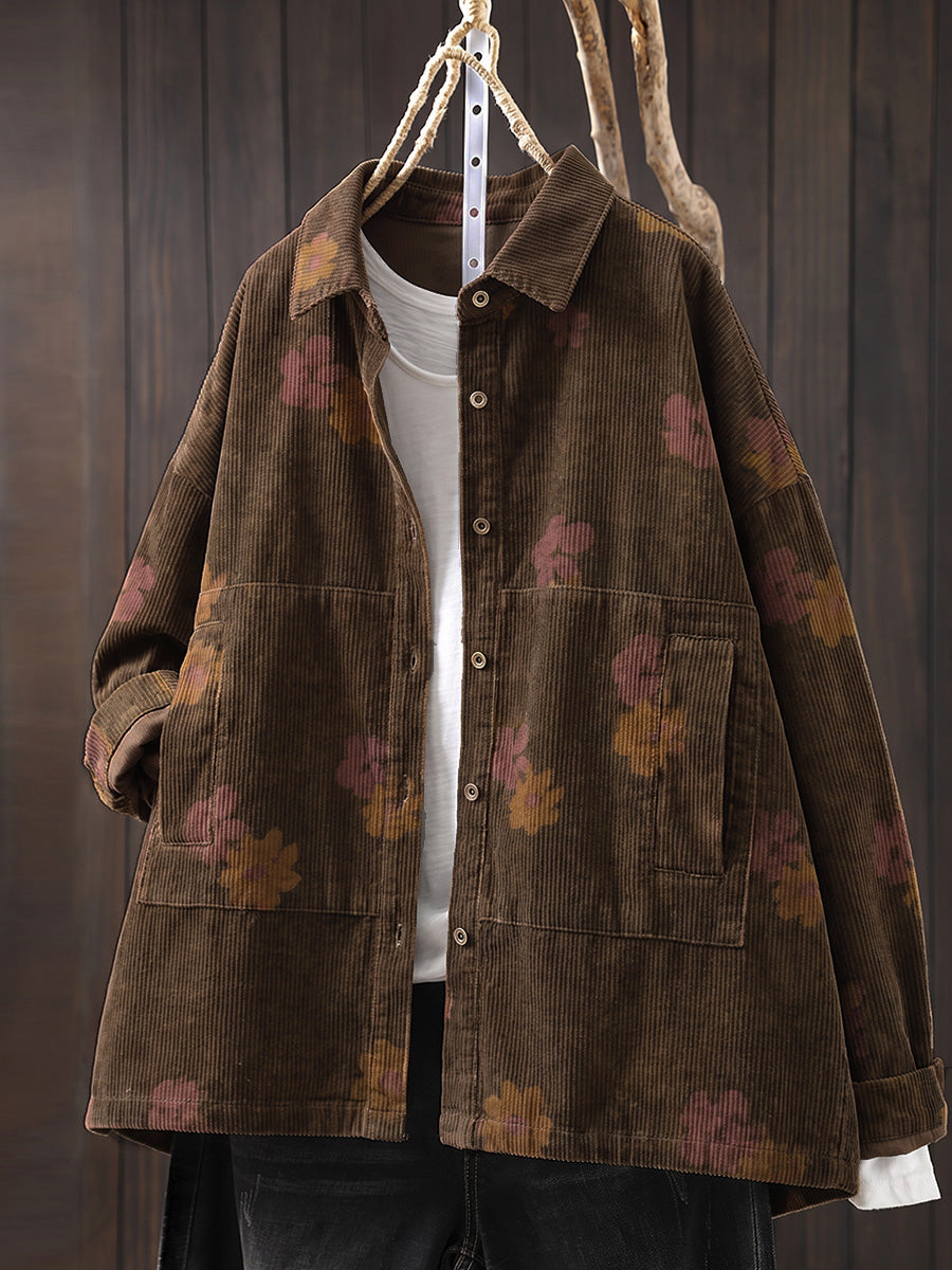 Plus Size Women Autumn Vintage Turn-down Collar Corduroy Shirt Coat