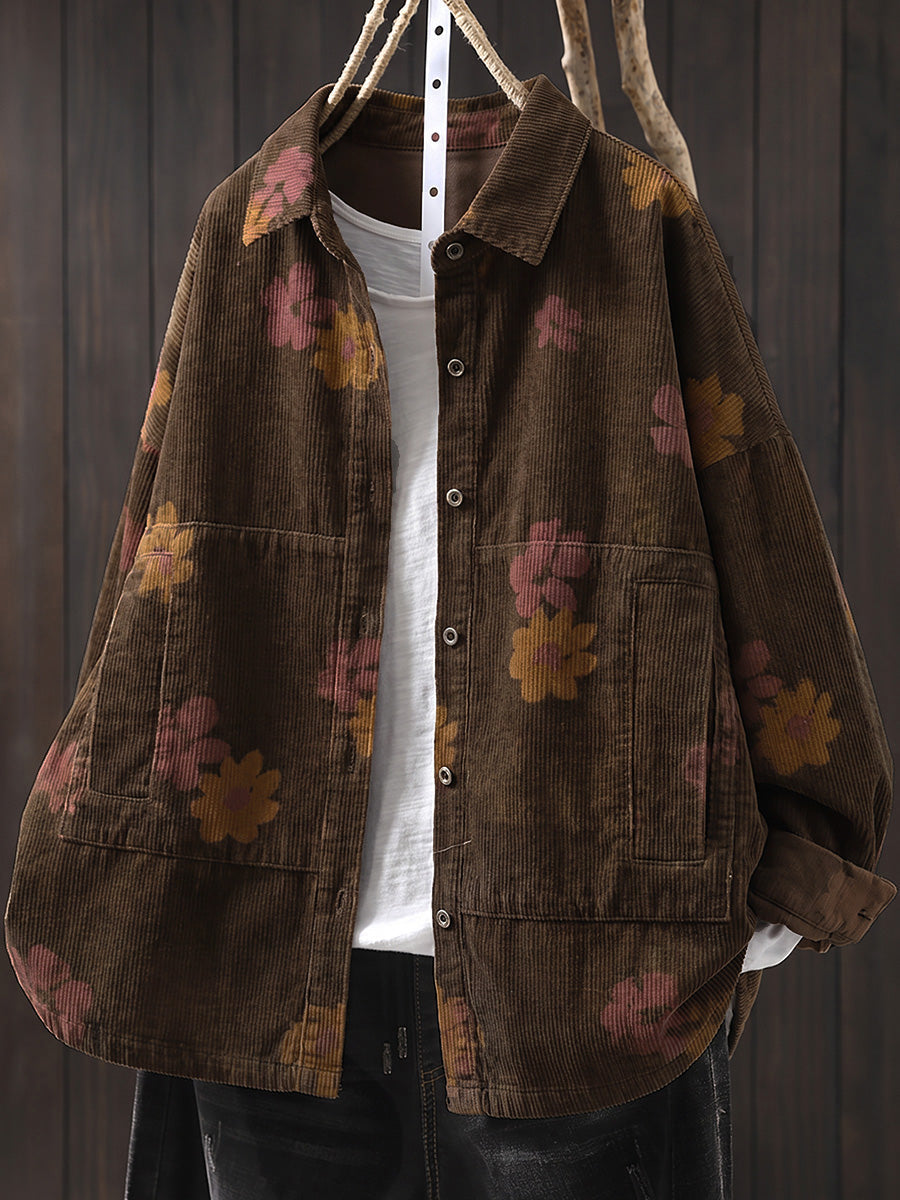 Plus Size Women Autumn Vintage Turn-down Collar Corduroy Shirt Coat