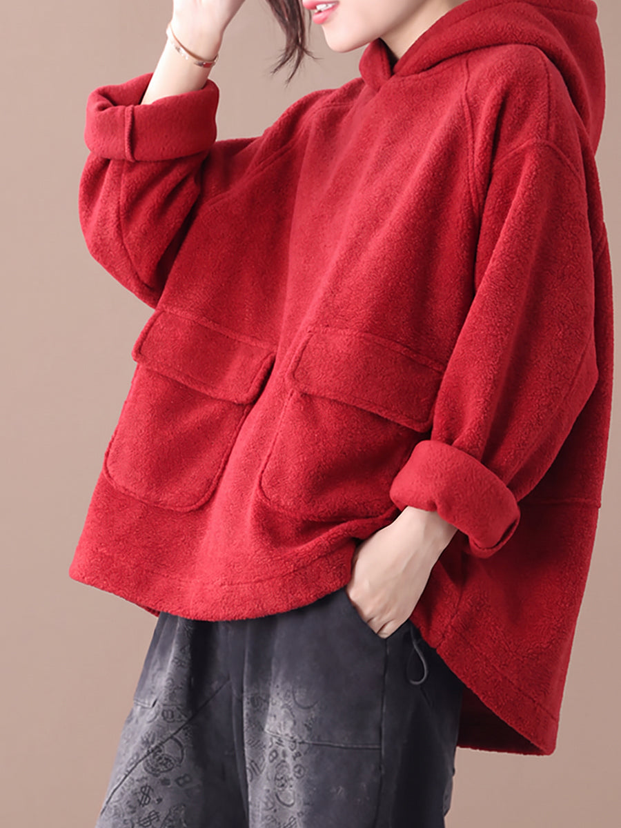 Plus Size Women Casual Solid Color Drawstring Loose Hoodie