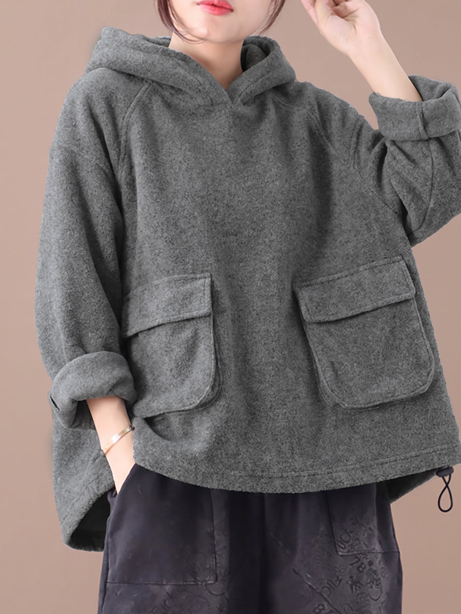 Plus Size Women Casual Solid Color Drawstring Loose Hoodie