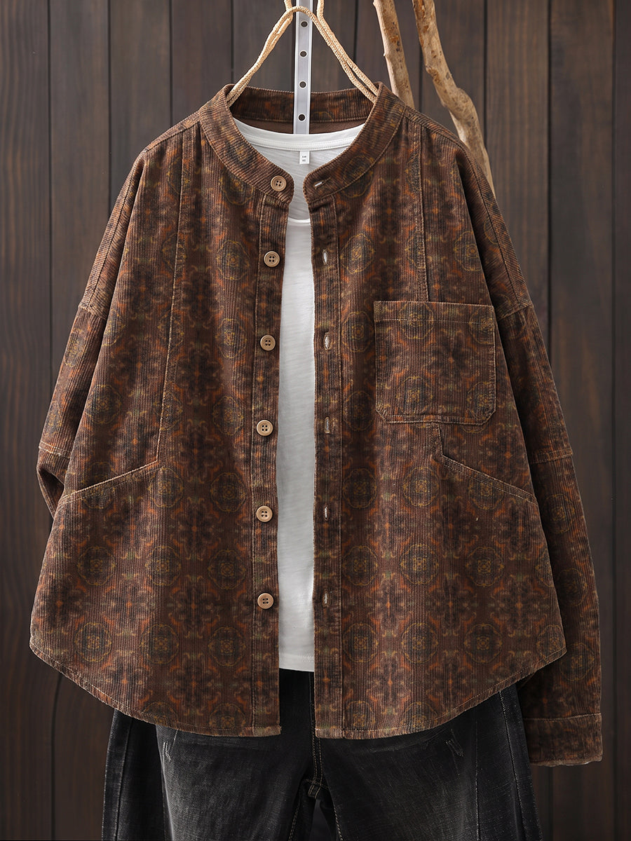 Plus Size Women Vintage Corduroy Stand Collar Printed Jacket