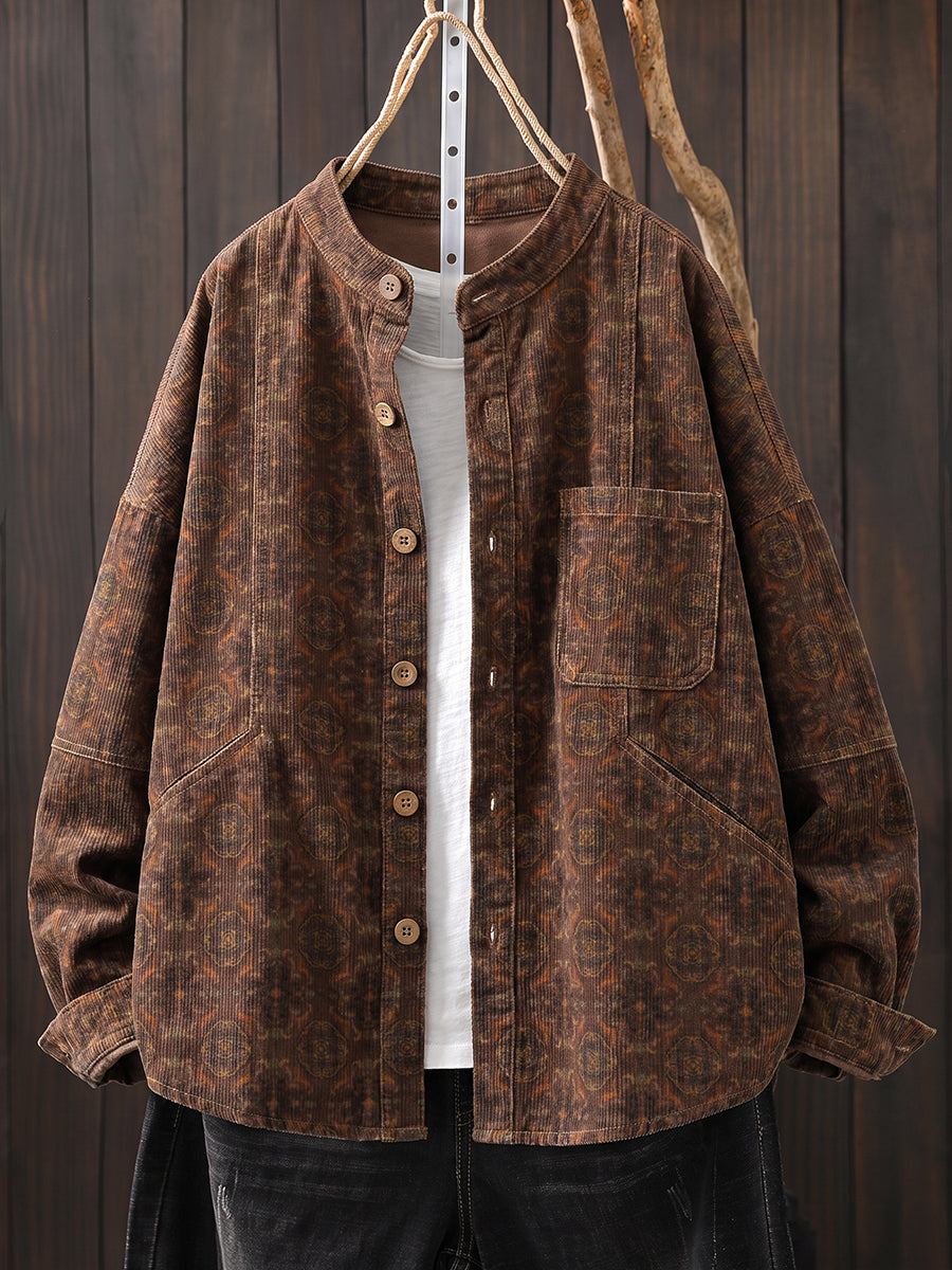 Plus Size Women Vintage Corduroy Stand Collar Printed Jacket