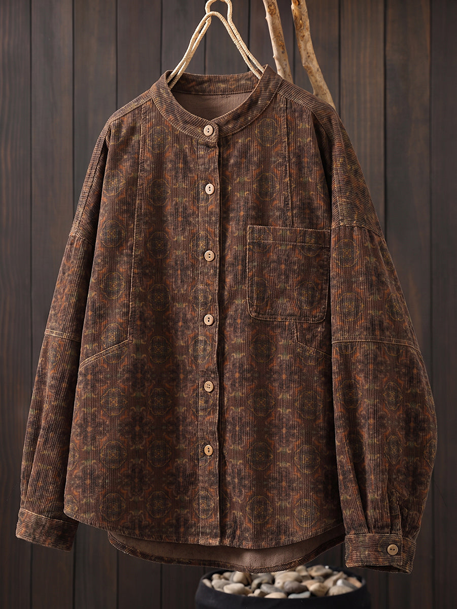 Plus Size Women Vintage Corduroy Stand Collar Printed Jacket