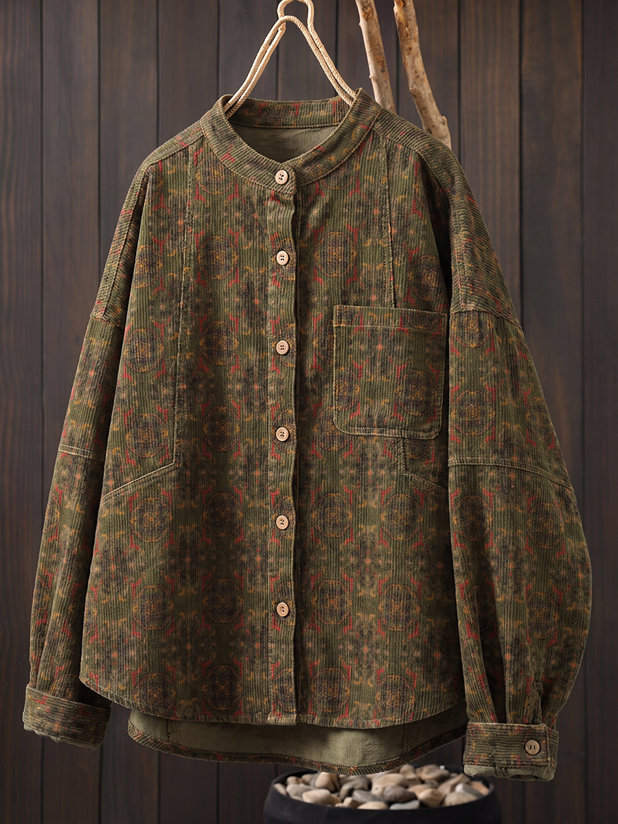 Plus Size Women Vintage Corduroy Stand Collar Printed Jacket