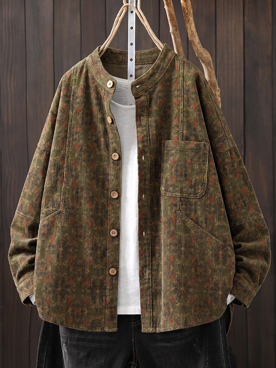 Plus Size Women Vintage Corduroy Stand Collar Printed Jacket