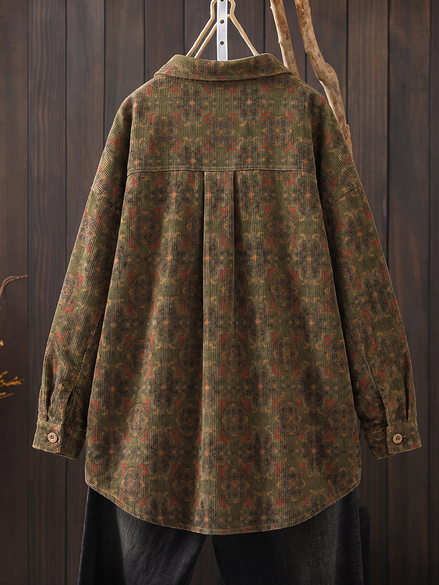 Plus Size Women Vintage Corduroy Stand Collar Printed Jacket