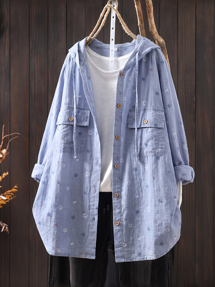 Plus Size Women Literary Ditsy Floral Drawstring Hooded Shirt