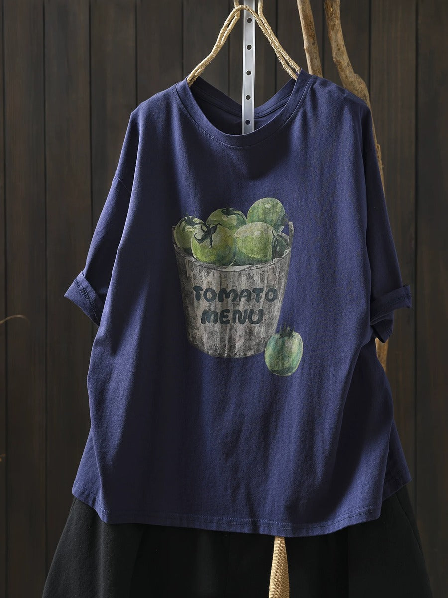 Women Summer Vintage Printed Cotton Short Sleeve T-Shirt