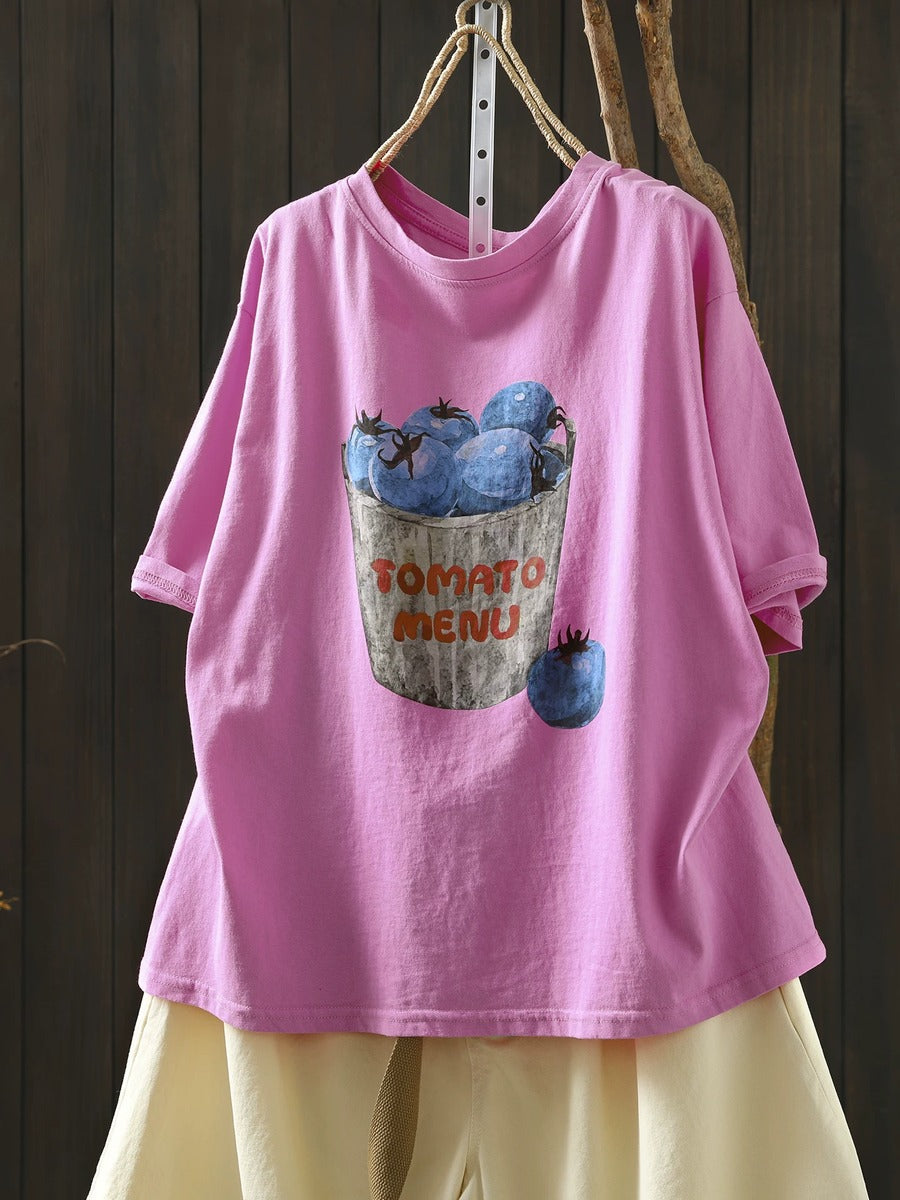 Women Summer Vintage Printed Cotton Short Sleeve T-Shirt