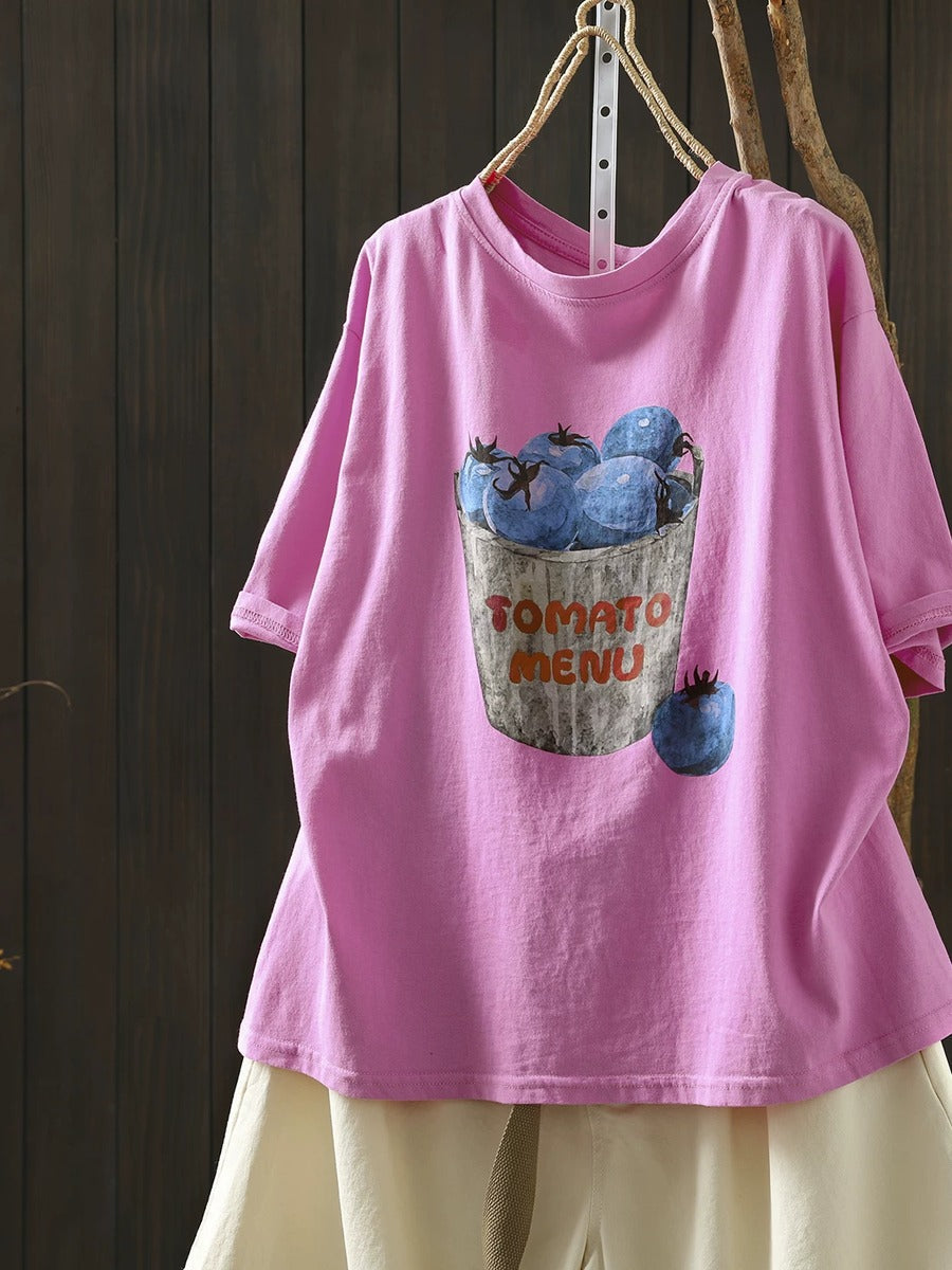 Women Summer Vintage Printed Cotton Short Sleeve T-Shirt