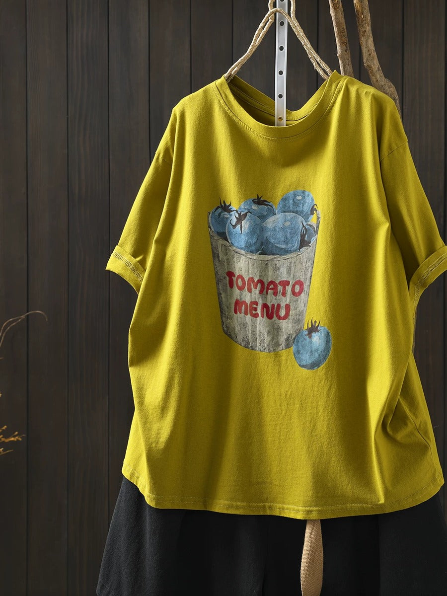 Women Summer Vintage Printed Cotton Short Sleeve T-Shirt