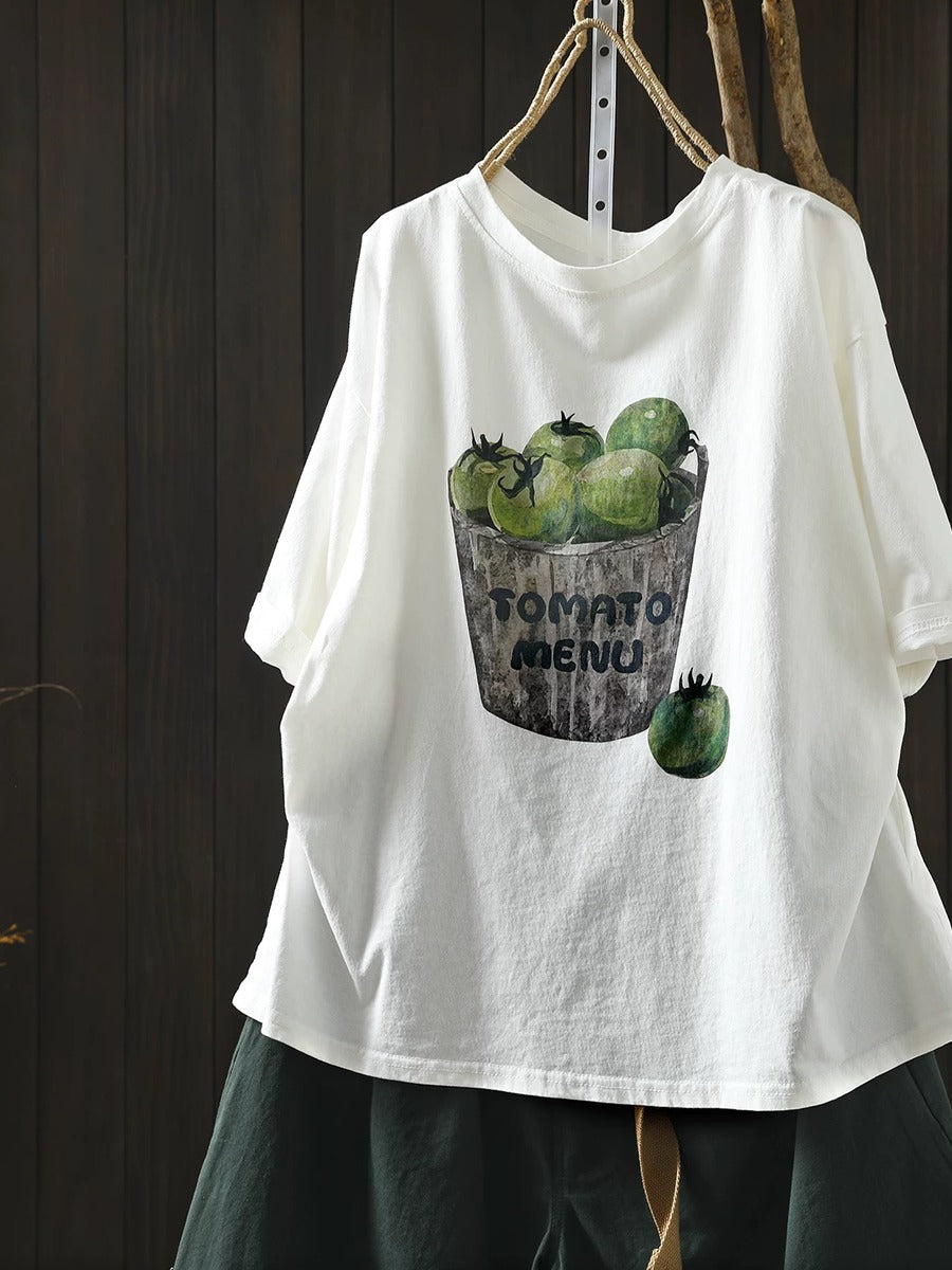 Women Summer Vintage Printed Cotton Short Sleeve T-Shirt