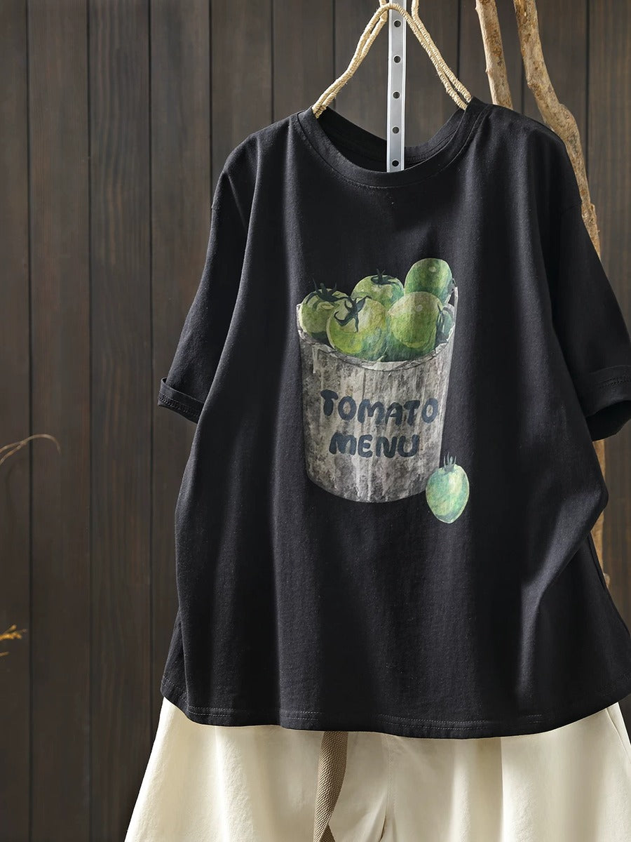 Women Summer Vintage Printed Cotton Short Sleeve T-Shirt