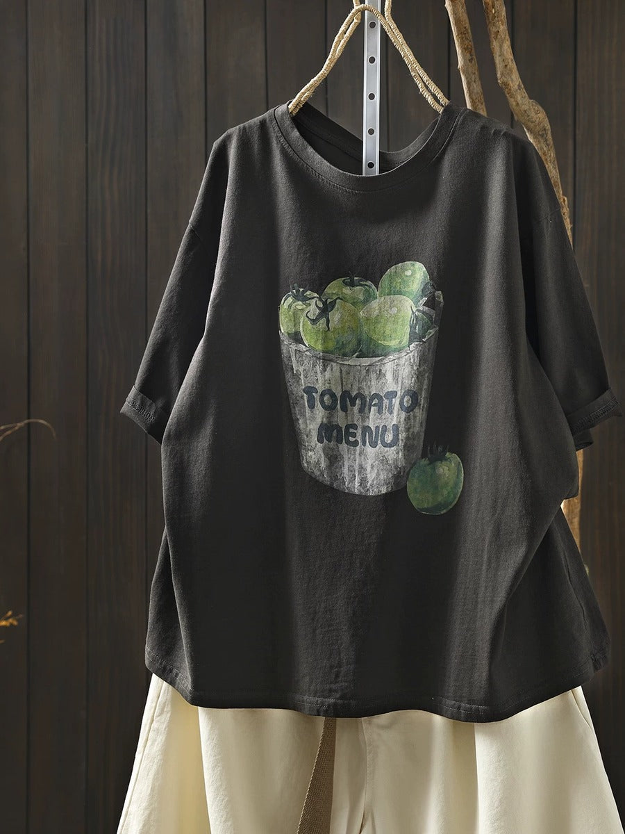 Women Summer Vintage Printed Cotton Short Sleeve T-Shirt