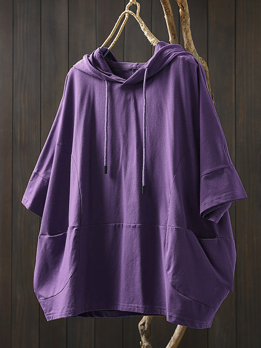 Plus Size Women Summer Casual Pure Color Hooded Cotton Hoodie