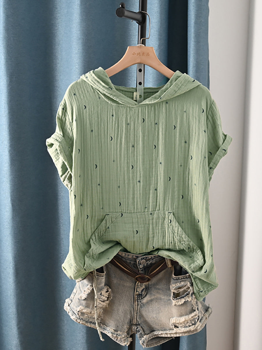 Plus Size Women Summer Casual Print Hooded 100%Cotton Hoodie
