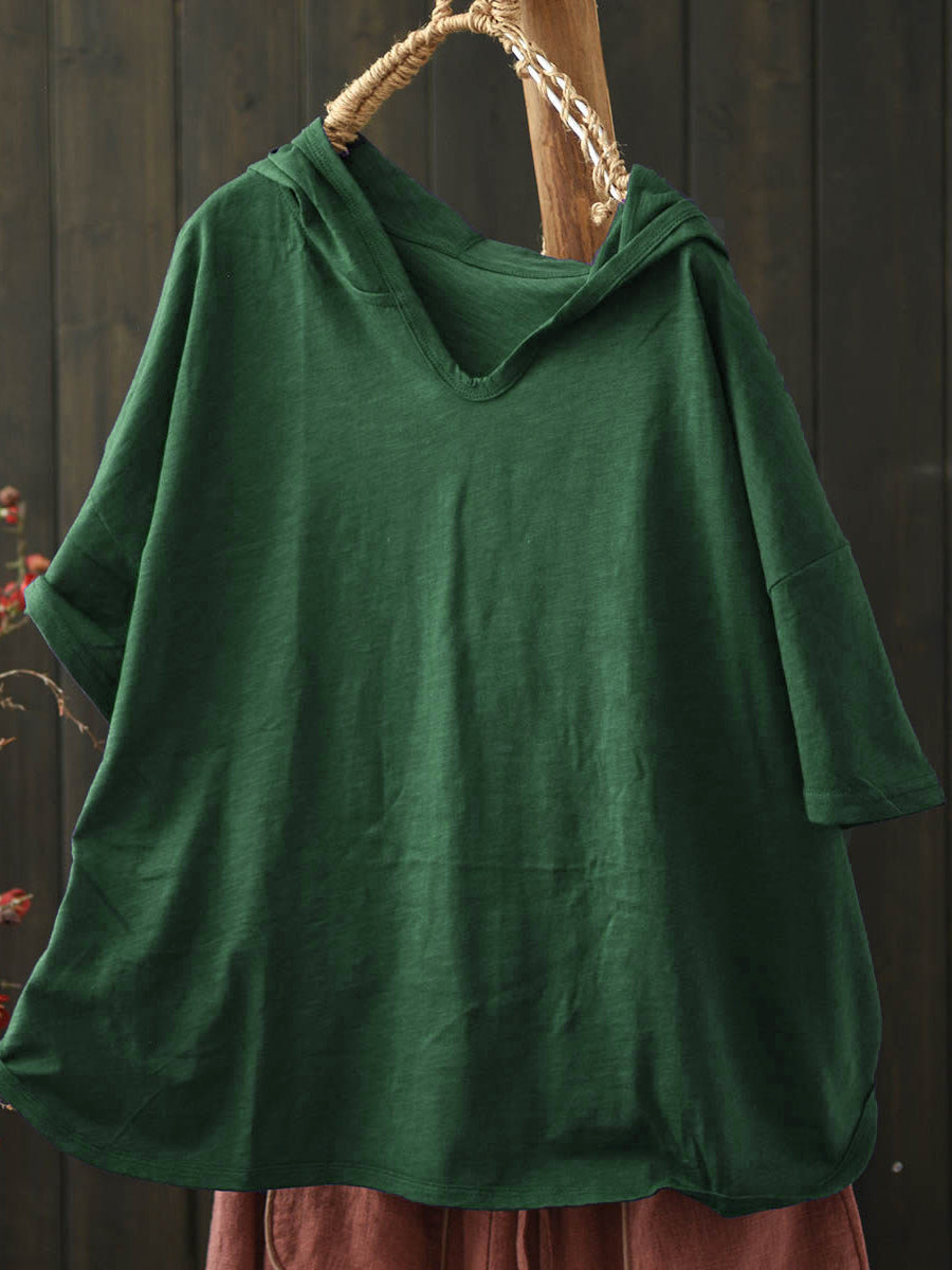 Plus Size Women Summer Casual Pure Color Cotton Hoodie